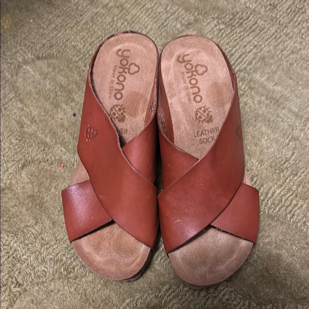 Yokono Womens Brown Leather Cork Wedge Slip On Comfort Sandals Sz 6.5